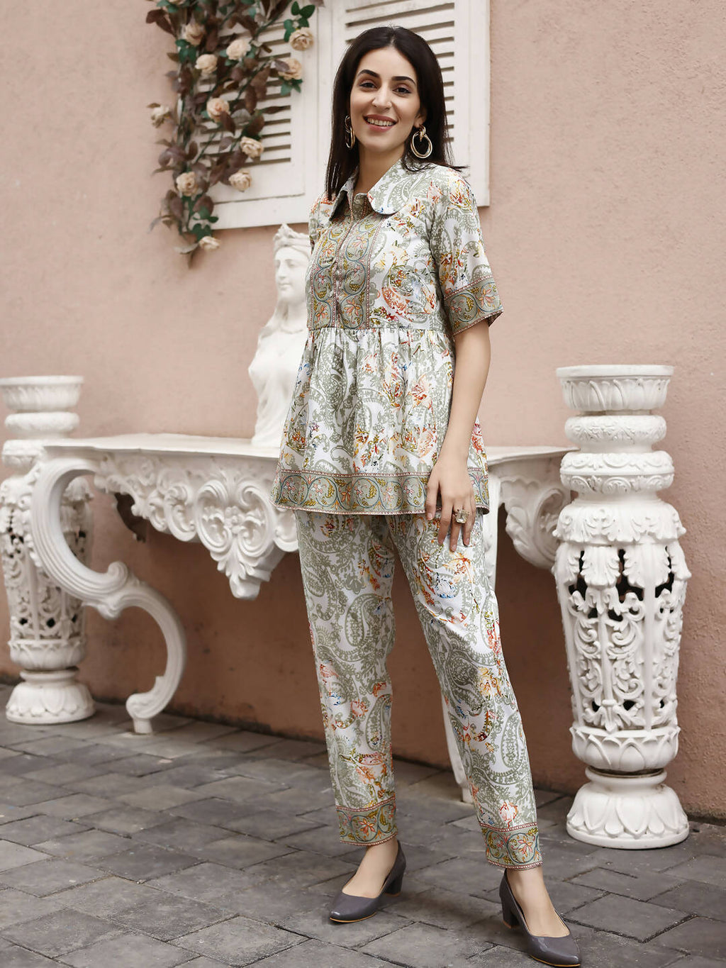 Off White Rayon Paisley Printed Top with Matching Bottom - Eesha