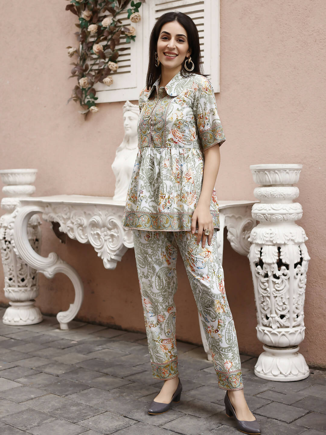 Off White Rayon Paisley Printed Top with Matching Bottom - Eesha