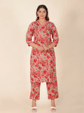 Aramya Red Soft Cotton Floral Print Panelled Kurta Set for Women