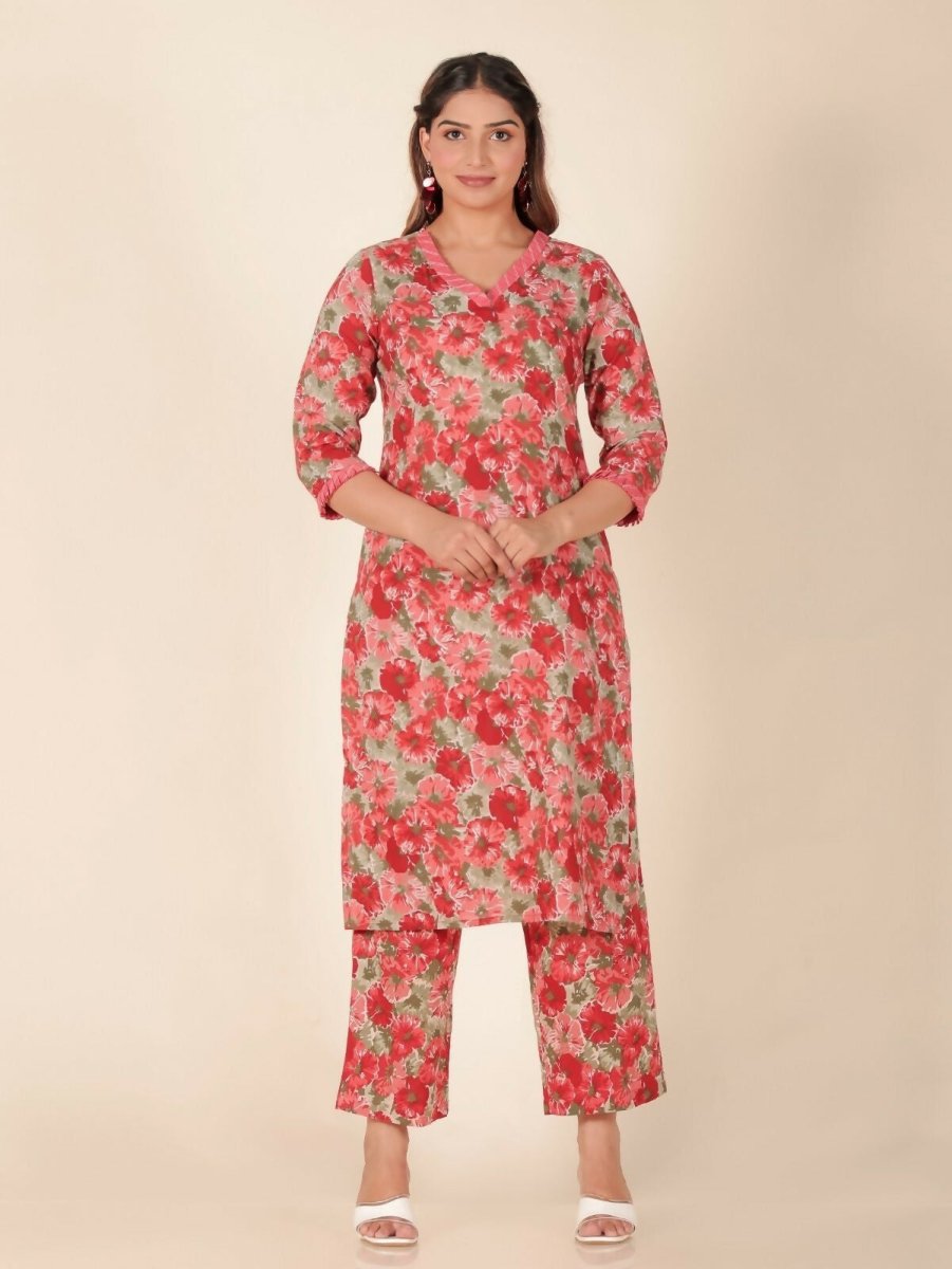 Aramya Red Soft Cotton Floral Print Panelled Kurta Set for Women