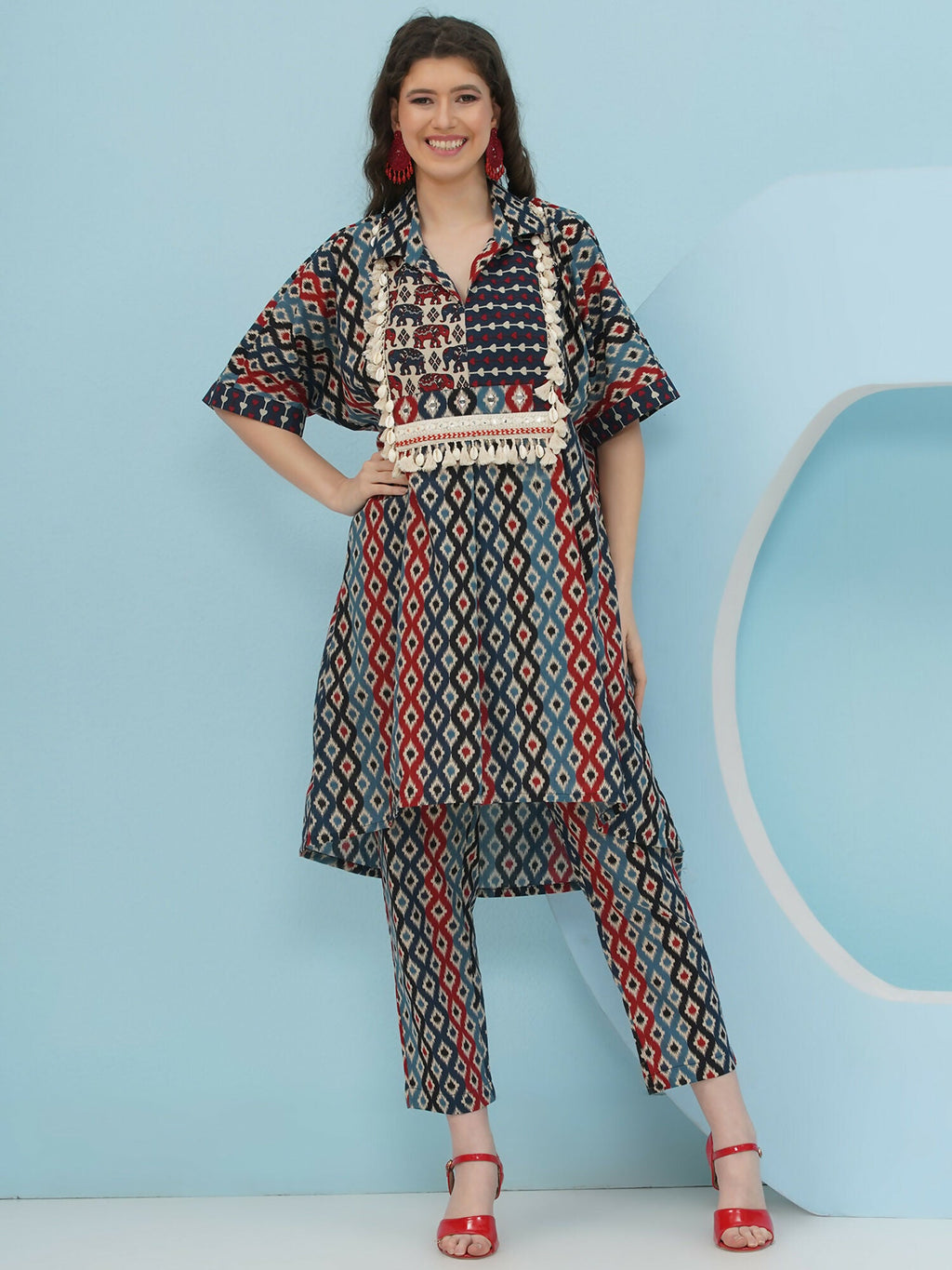Joban Fashion Ikkat Kaftan Set - Blue Red
