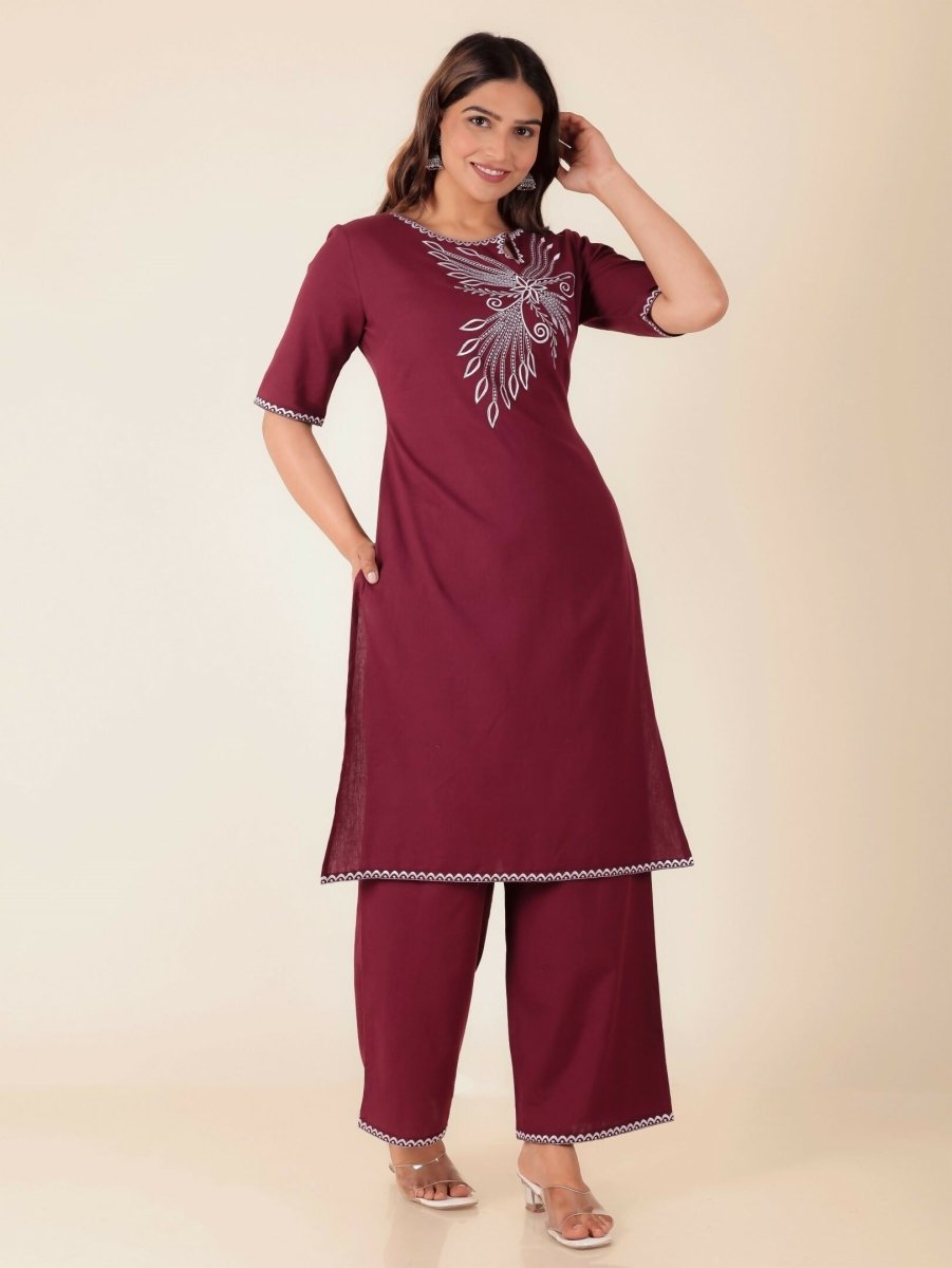 Aramya Maroon Linen Cotton Solid Print Straight Kurta Set for Women