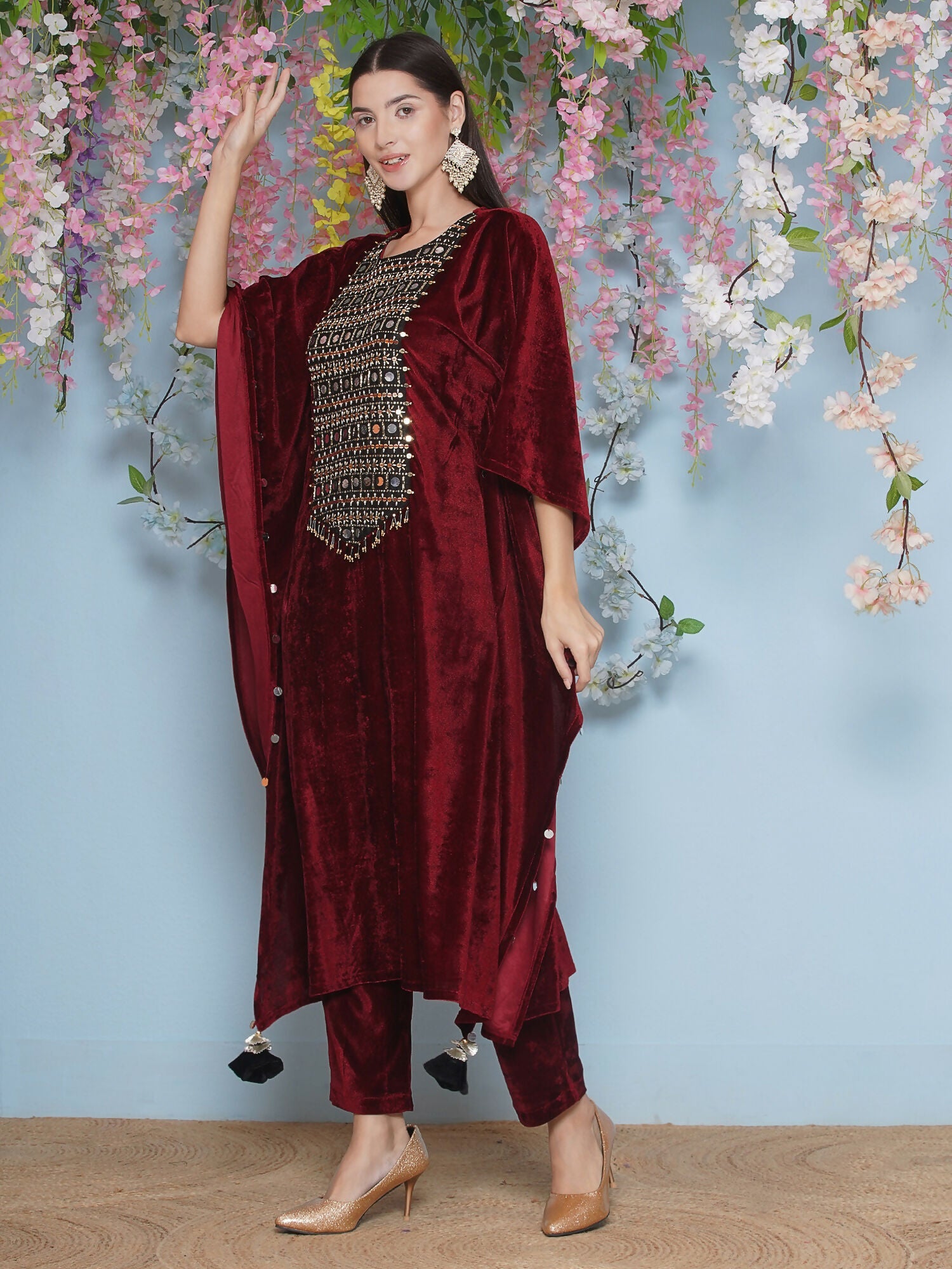 Joban Fashion Maroon Velvet Hand Embellished Kaftaan Set