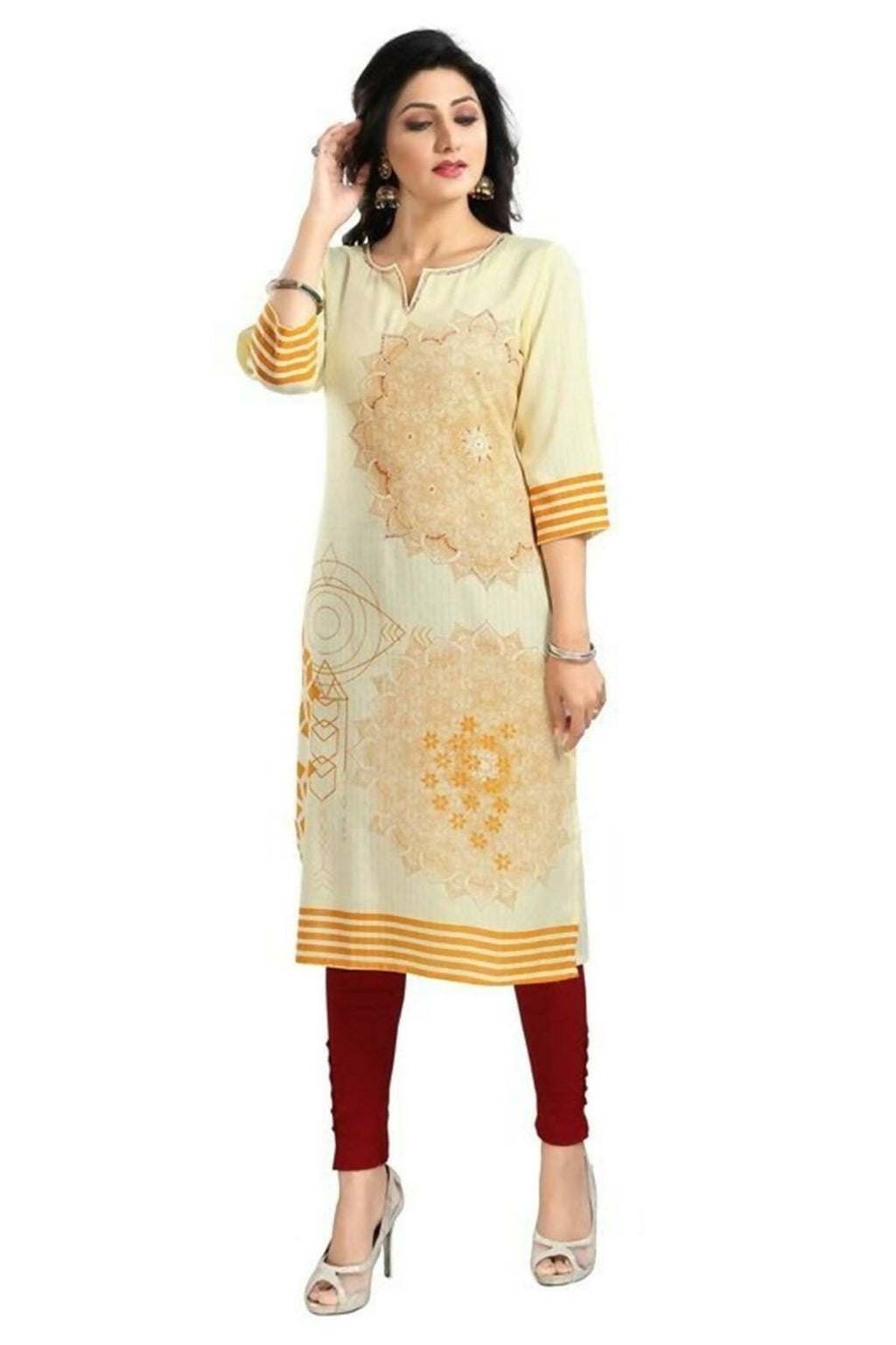 Snehal Creations Yellow Rayon Textured Print Long Kurta For Women
