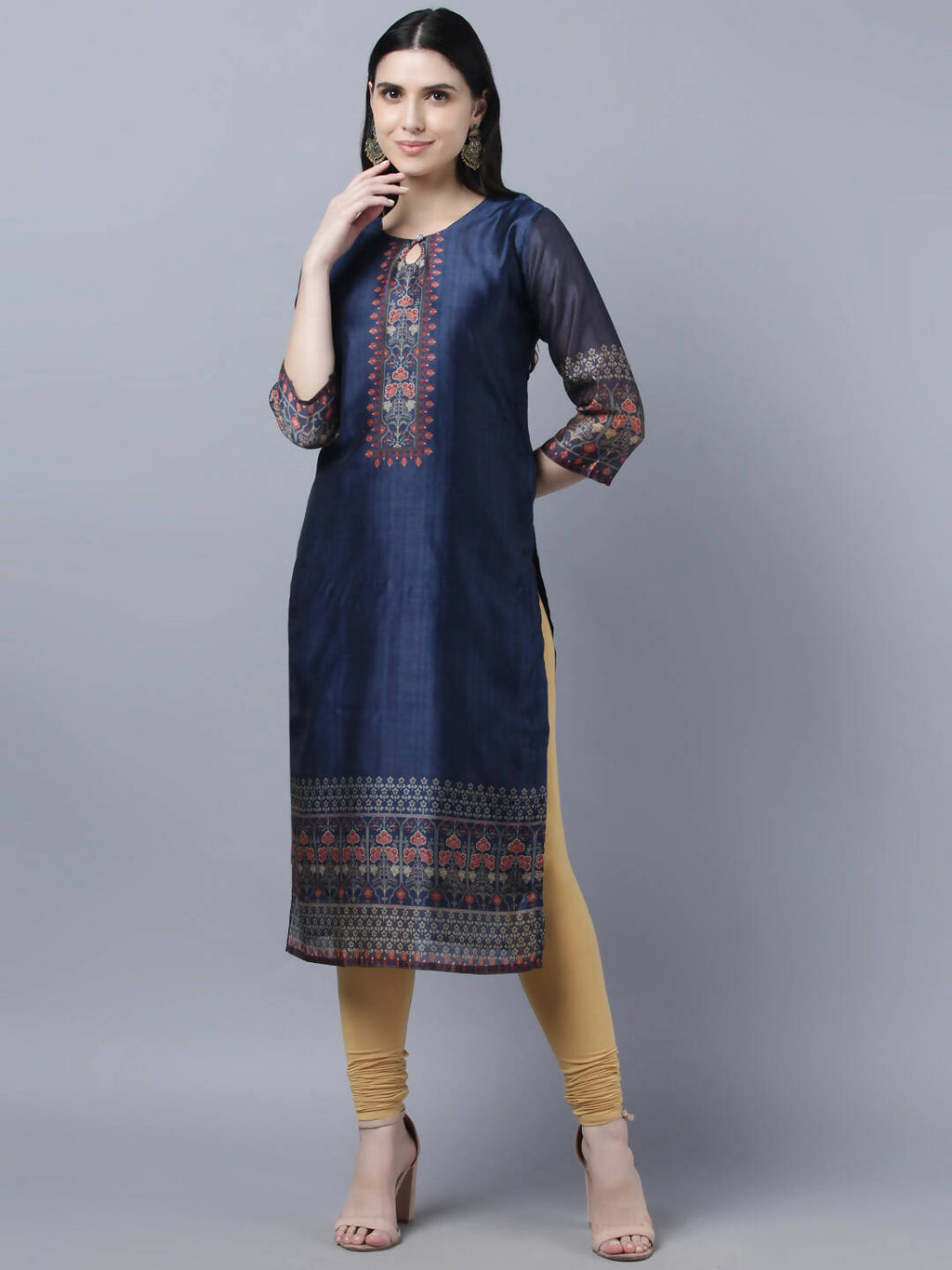 Myshka Women Navy Blue Ethnic Motifs Printed Keyhole Neck Chanderi Silk Kurta