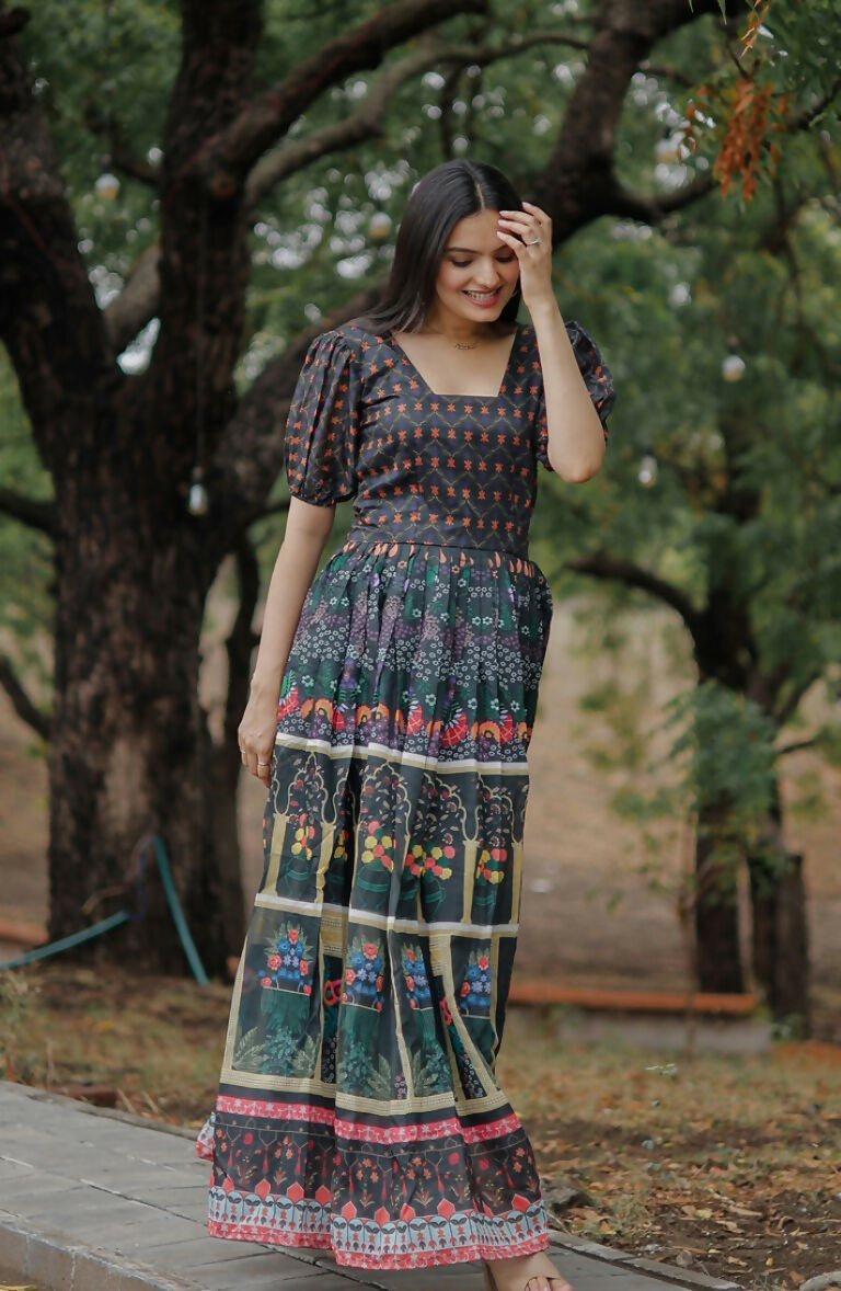 Jyoti Fashion Women's Black Heavy Digital Printed Pure Chanderi Anarkali Dress