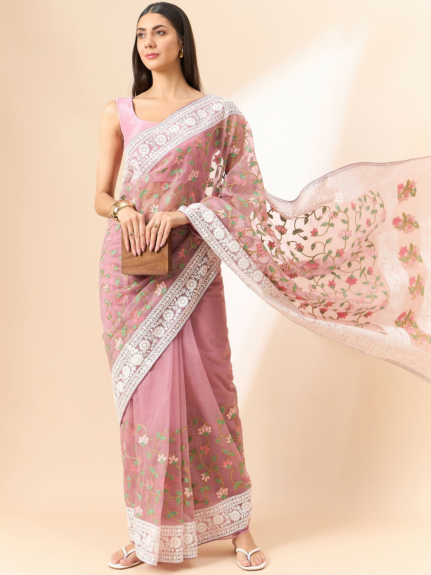 Pink Organza Floral Embroidered Saree with Unstitched Blouse Piece - Roozal