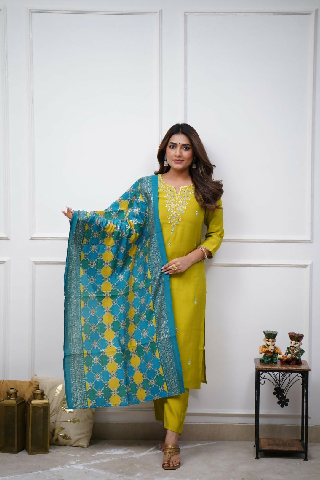 The52 Lemon Beautiful Embroidered Viscose Chanderi Fabric Straight Kurta Pant with Dupatta Set