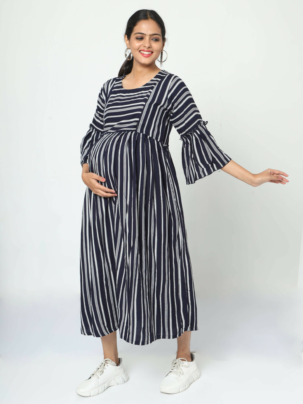 Manet Three Fourth Maternity Dress With Concealed Zipper Nursing Access - Navy Blue