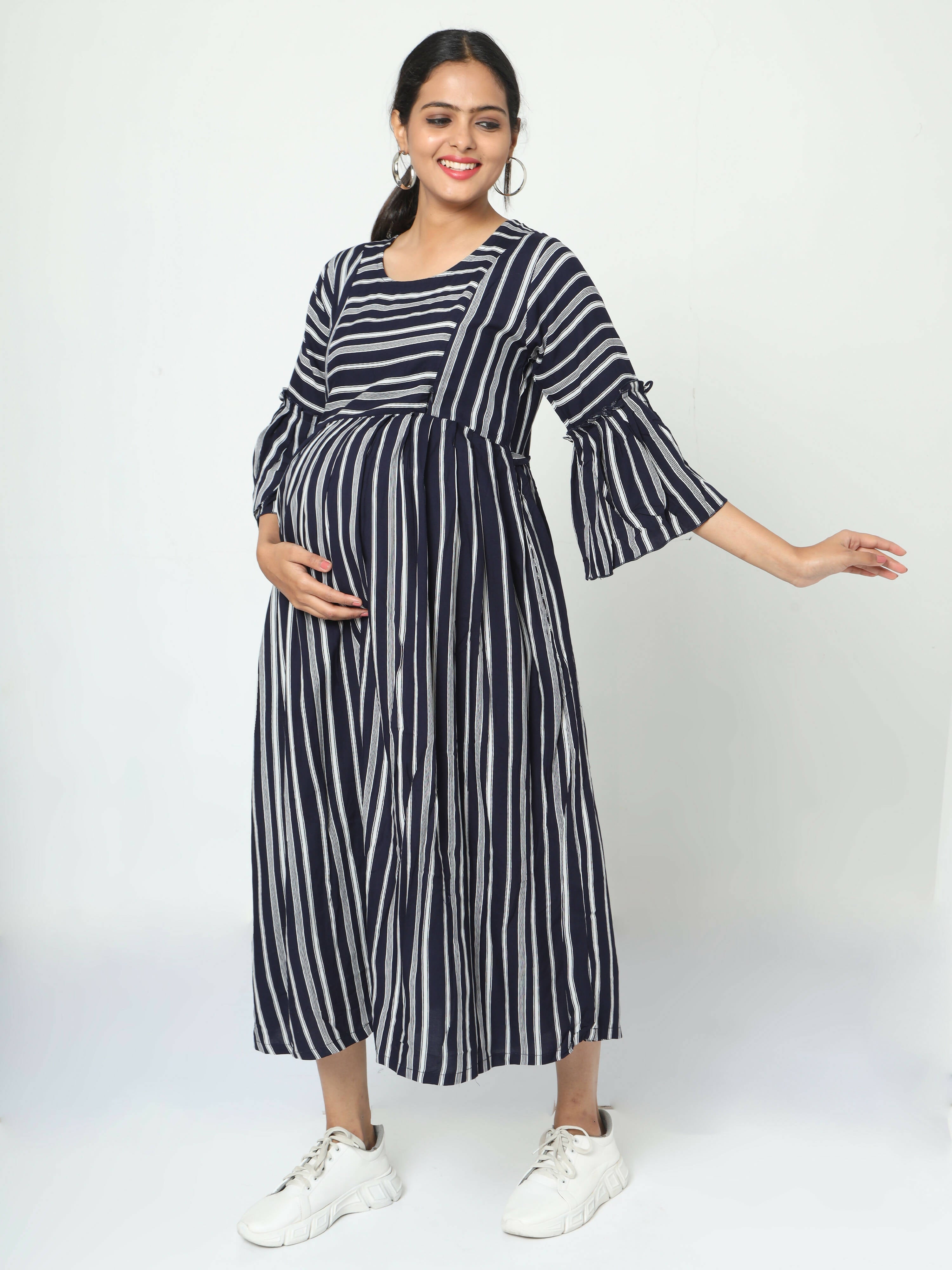 Manet Three Fourth Maternity Dress With Concealed Zipper Nursing Access - Navy Blue