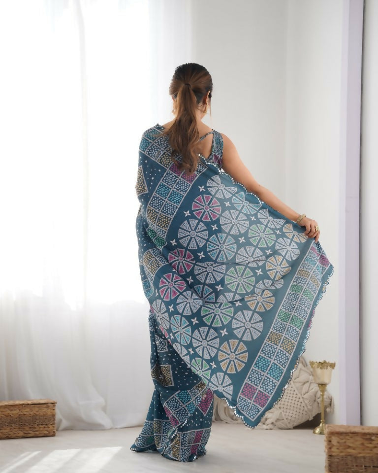 Green Chinon Designer Digital Printed & Mirror Cut Work Saree - Kriti