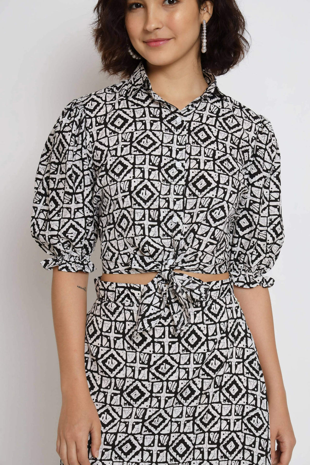 White Crepe Geometric Printed Top with Matching Skirt - Shivani