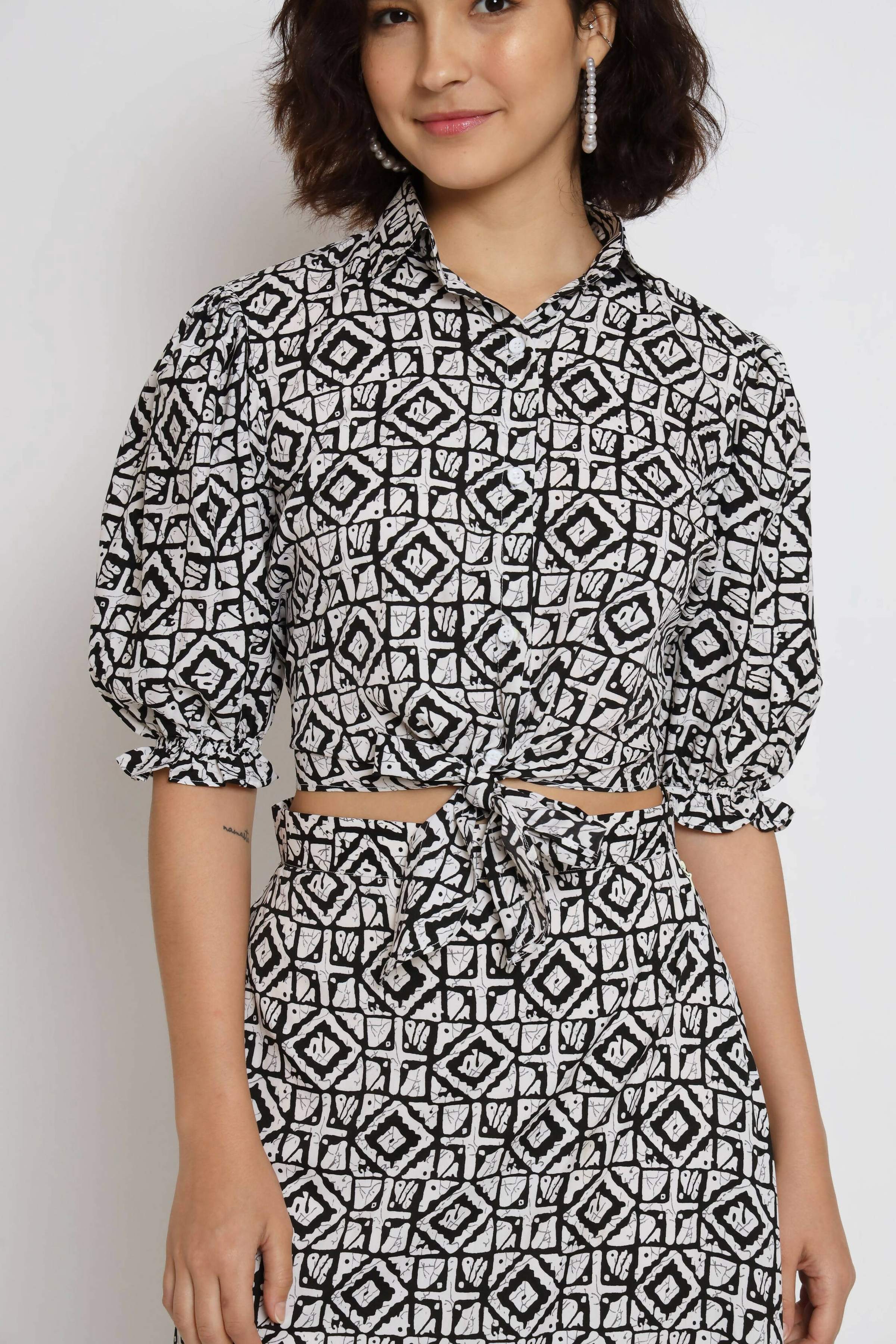 White Crepe Geometric Printed Top with Matching Skirt - Shivani