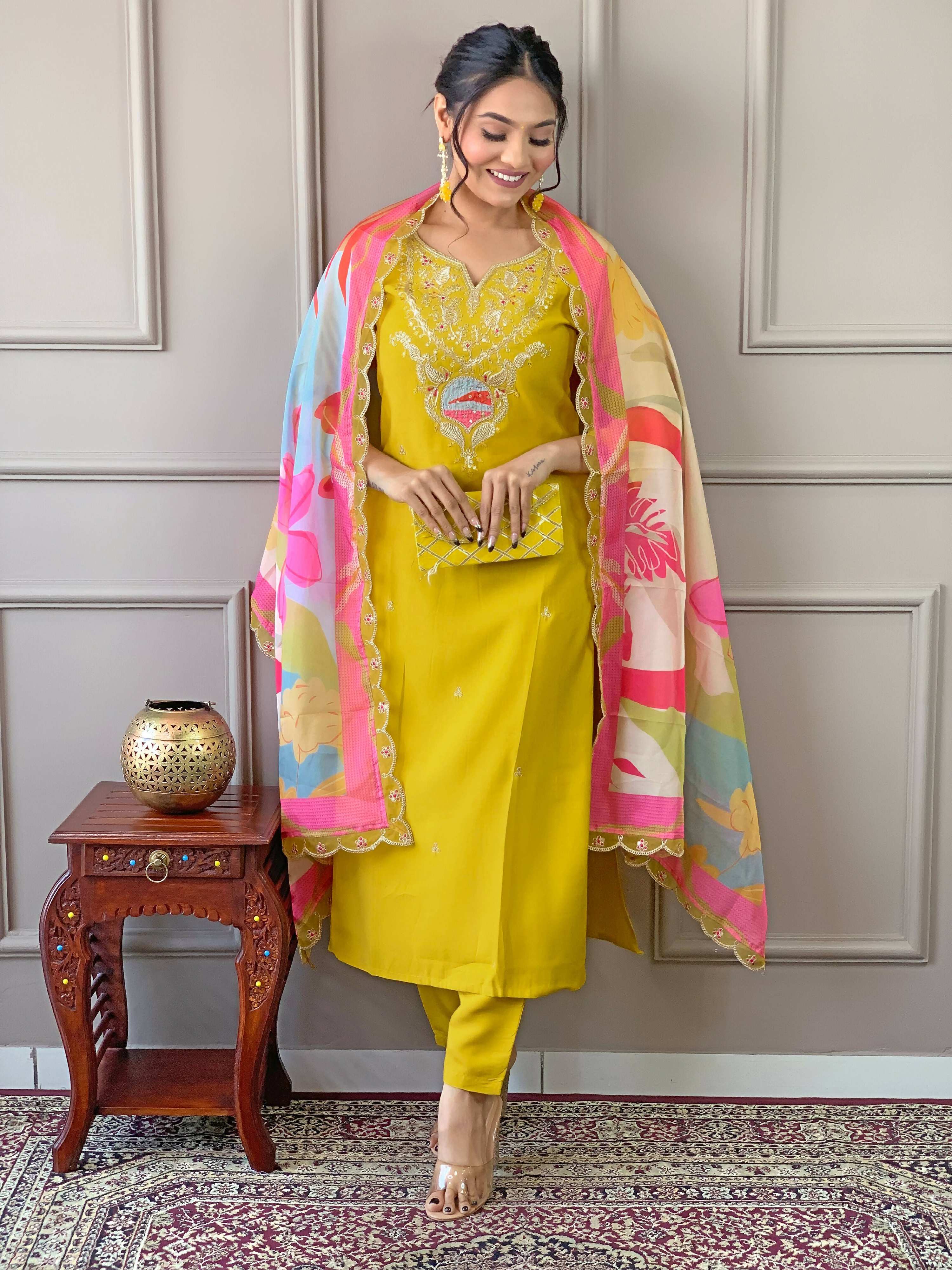 PartywearDesigner Viscose Yellow Stitched Suit With Dupatta - Tanisha
