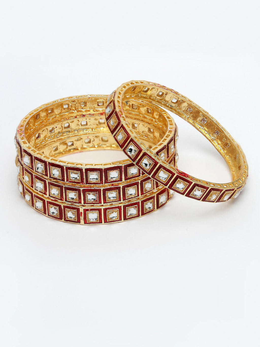 NVR Women's Set Of 4 Gold-Polished Red Kundan-Studded Traditional Bangles