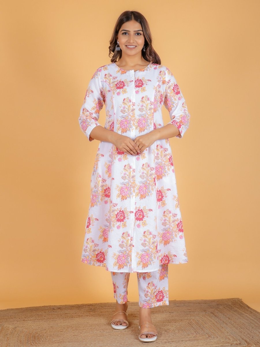 Aramya A-line Kantha Cotton Floral Print Women's Kurta - White