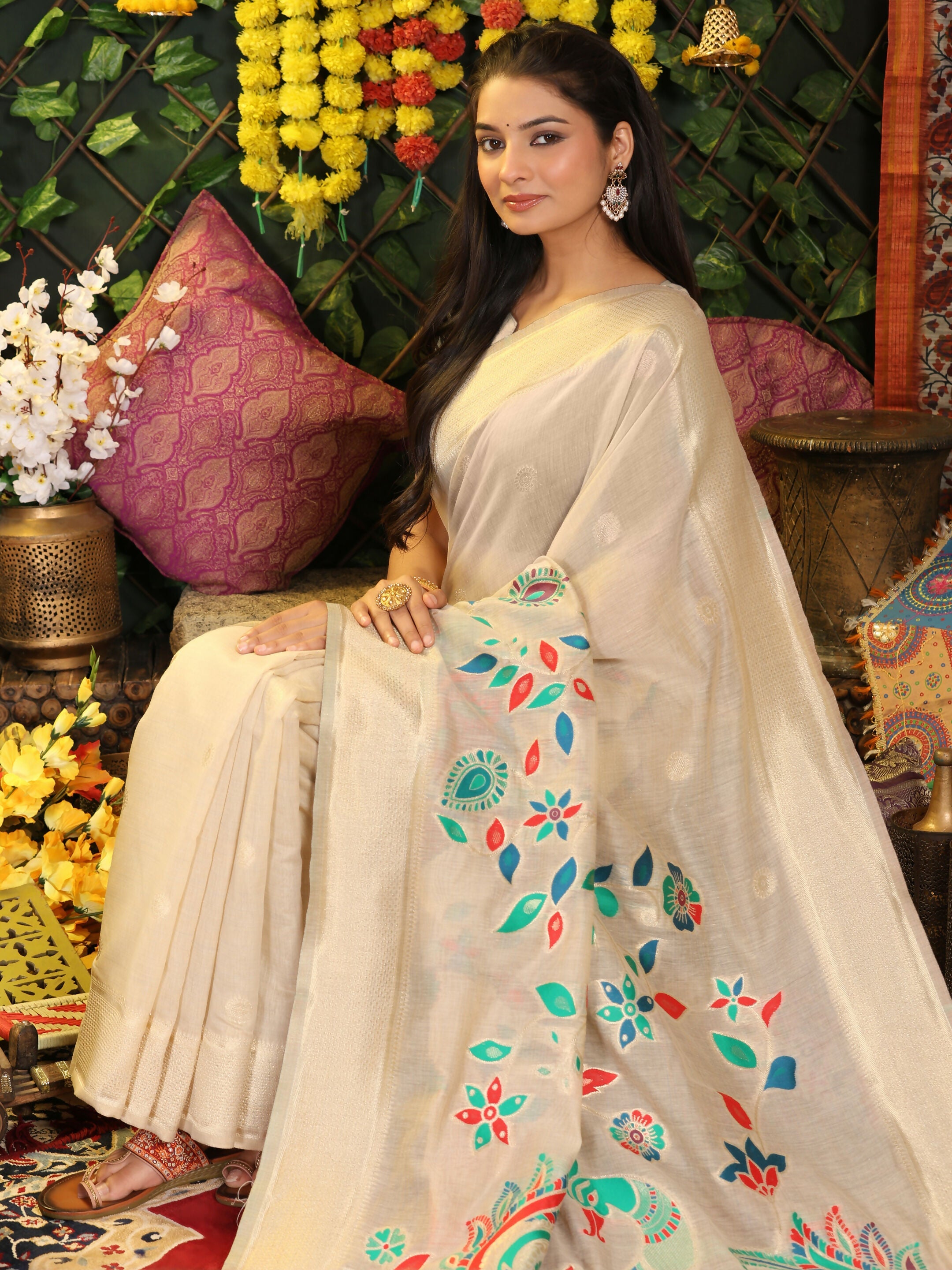 Shree Shyam Fashion Linen Cotton Cream Saree