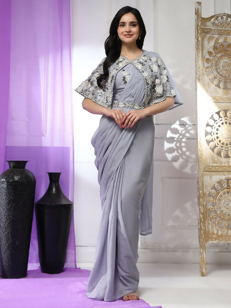 Grey Chiffon Solid Ready to wear Saree with stitched Blouse - Aayan