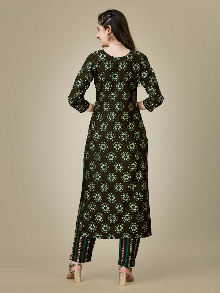 Jyoti Fashion Women's Dark Coffee Rayon Embroidered Kurta Pant Set