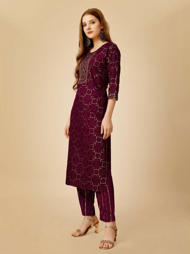 Jyoti Fashion Women's Wine Viscose Rayon Embroidered Kurta Pant Set