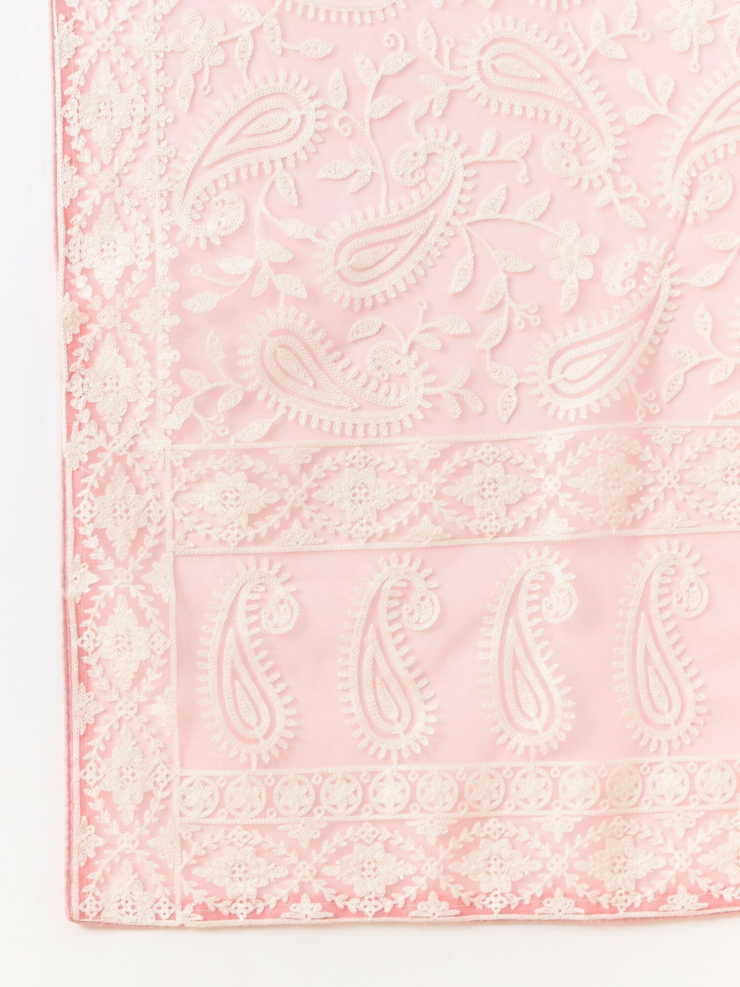 Pink Organza Paisely Embroidered Saree with Unstitched Blouse Piece - Roozal