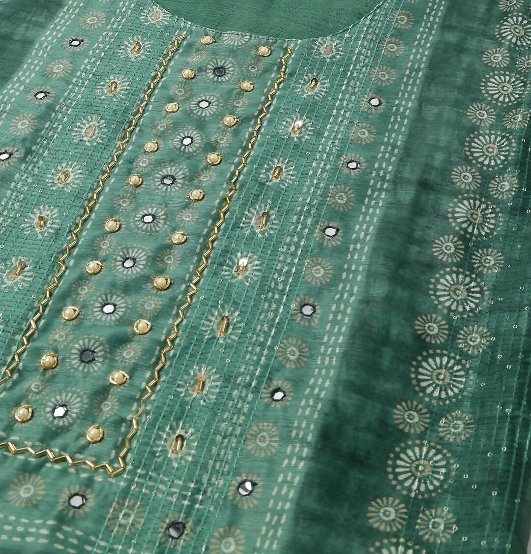 Sea Green Chinon Digital Printed With Hand Work Kurta - Himanshi