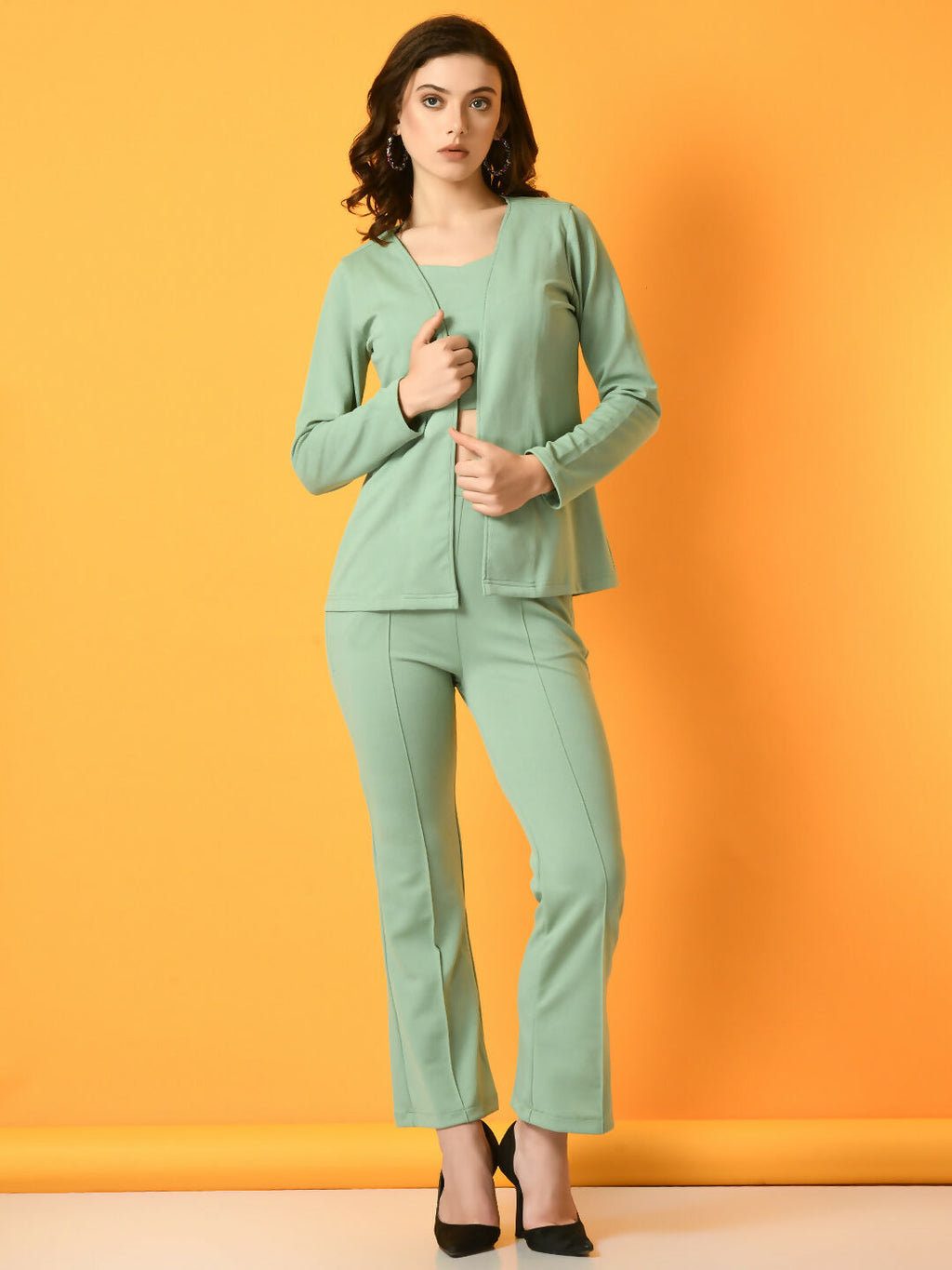 Myshka Women's Green Solid Coat With Trousers