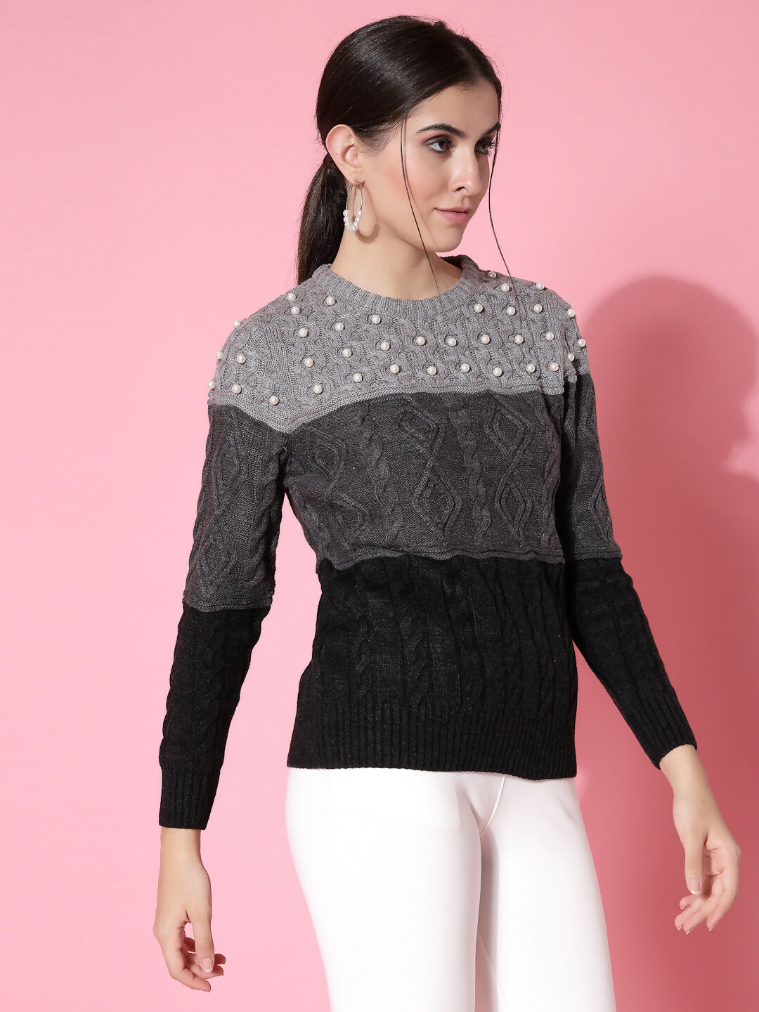 Women Color Block Winter Charcoal Acrylic Sweater - Wool Trees