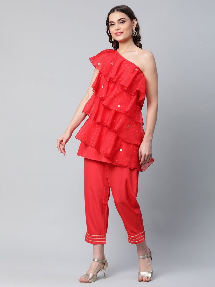 Ahalyaa Women Red Printed Layered Top with Trousers
