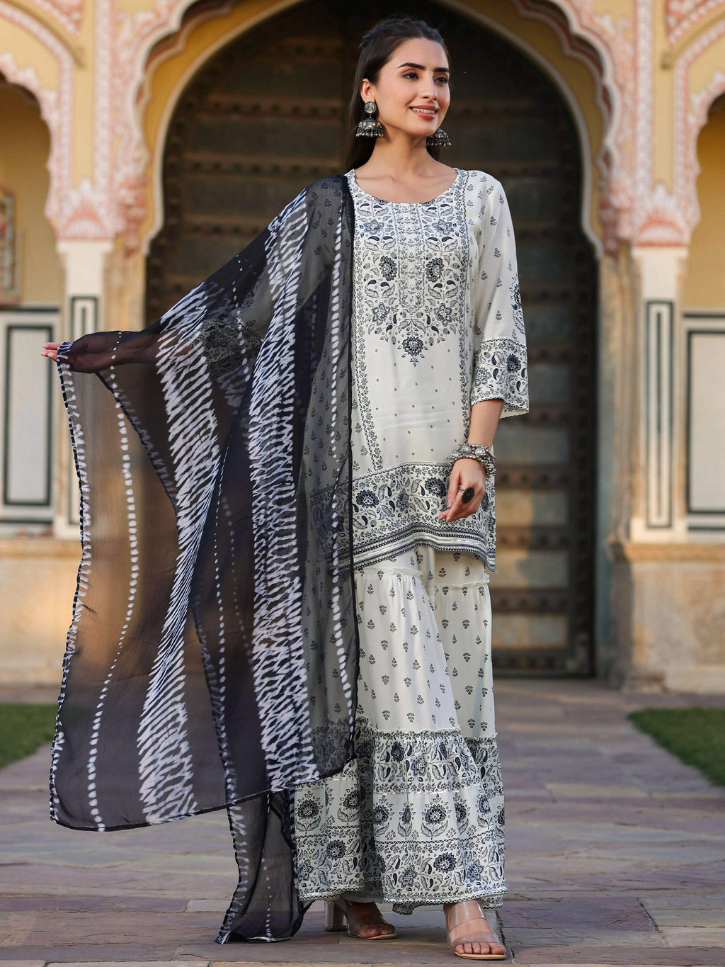 Juniper Women's Off White Rayon Floral Placement Kurta With Sharara And Dupatta Set
