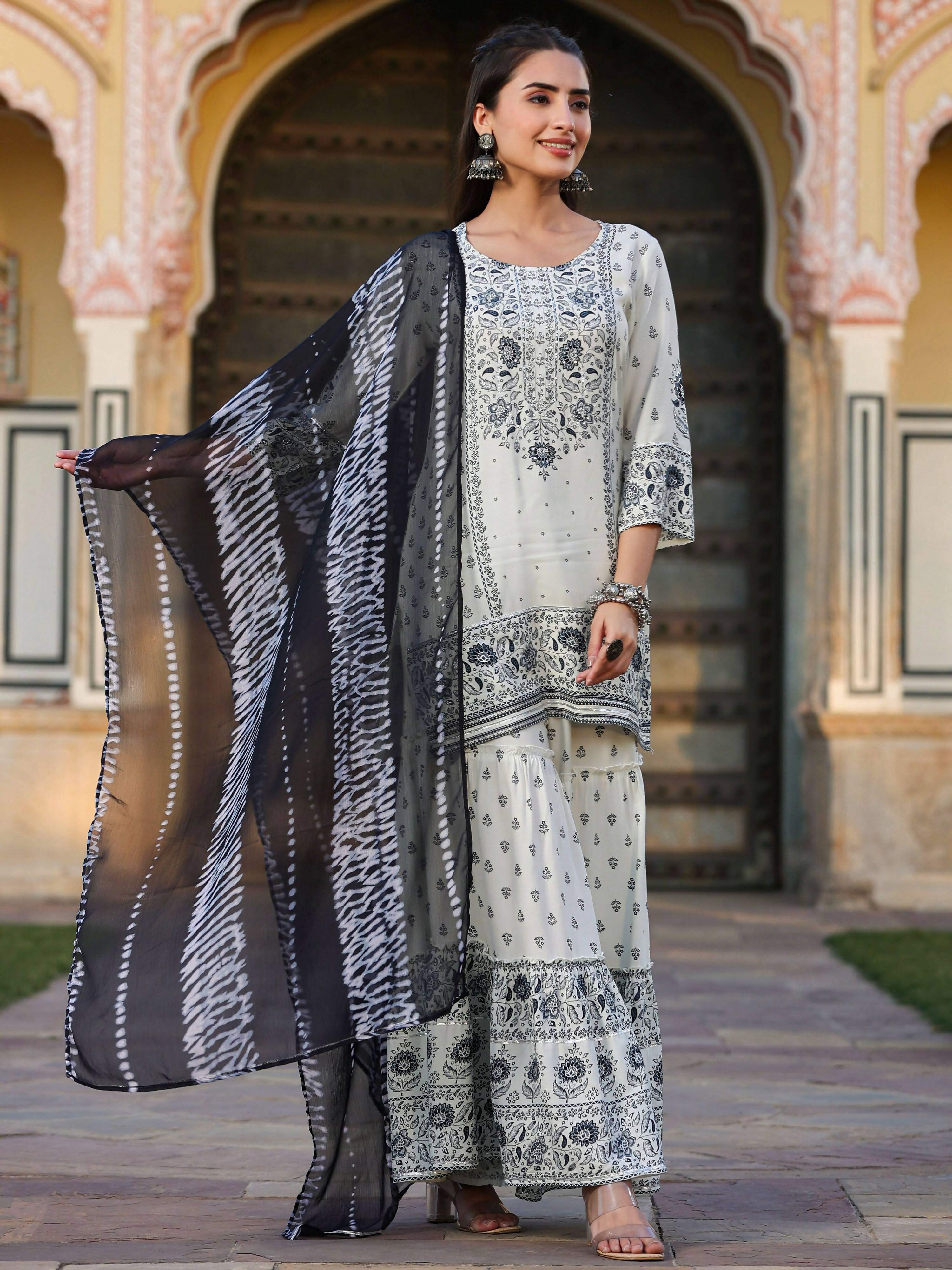 Juniper Women's Off White Rayon Floral Placement Kurta With Sharara And Dupatta Set