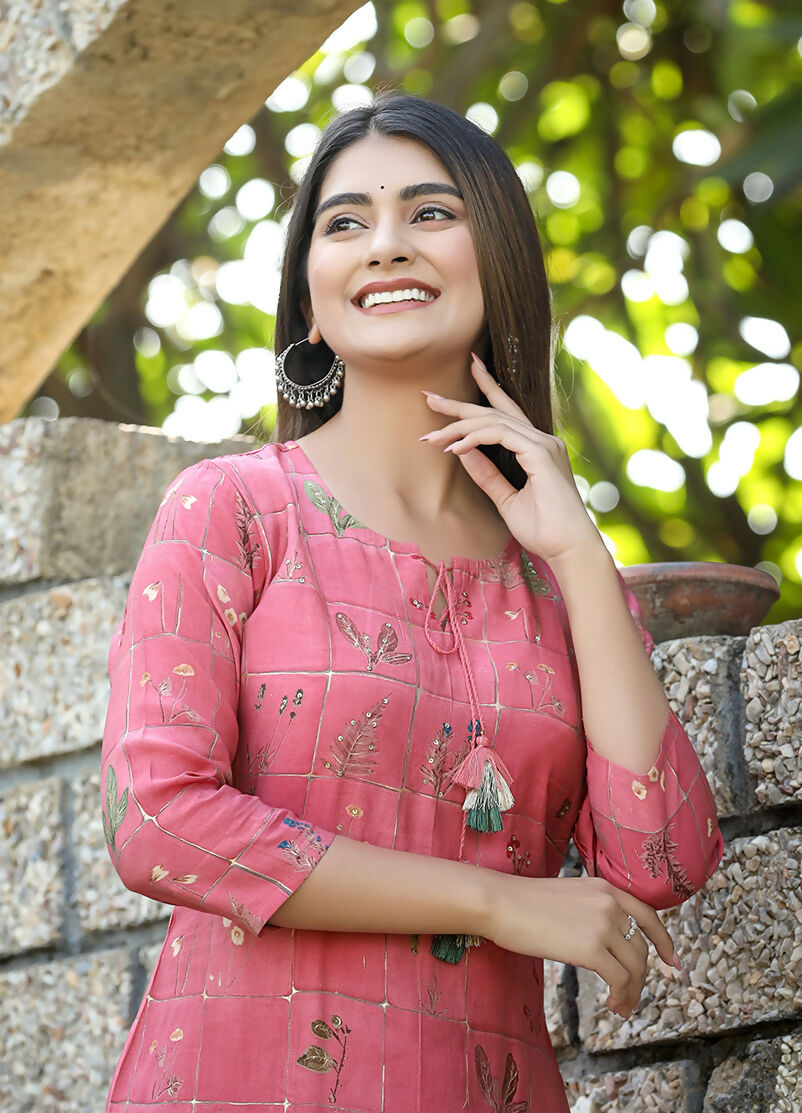 Kaajh Women's Pink Floral Printed Modal Silk Kurta Pant Set