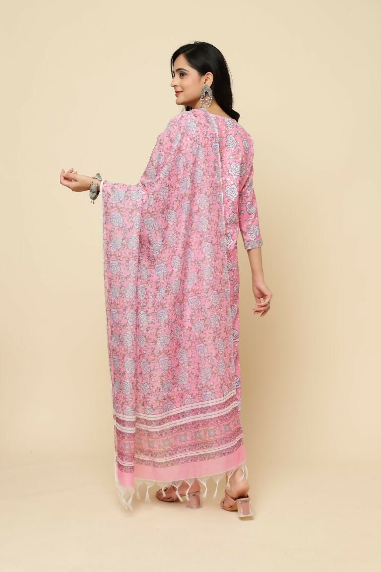 Designer Stylish Pink Cotton Blend Stitched Suit With Dupatta - Tanisha