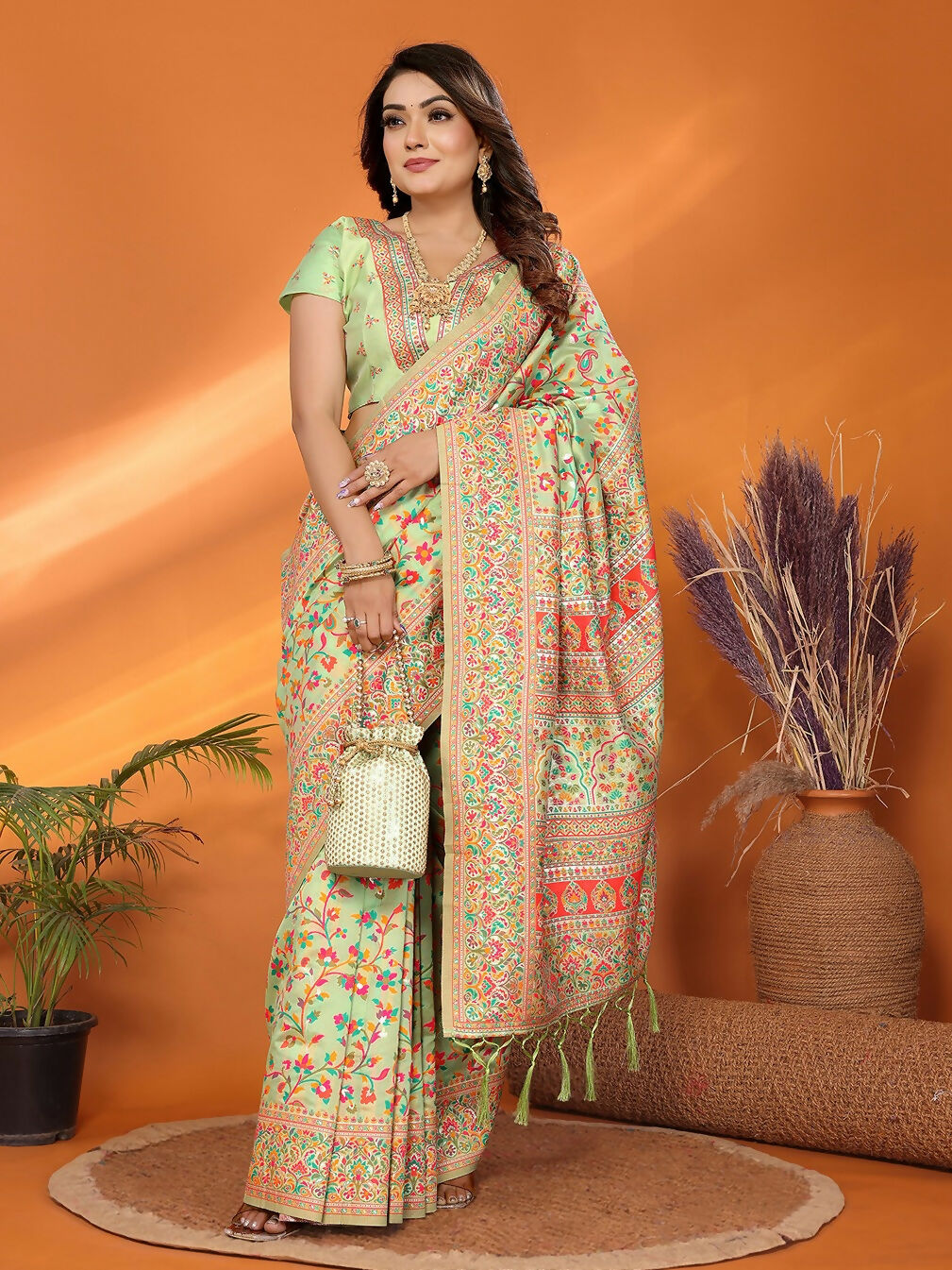 Joban Fashion Pastel Green Meena Weaves Pashmina Sarees