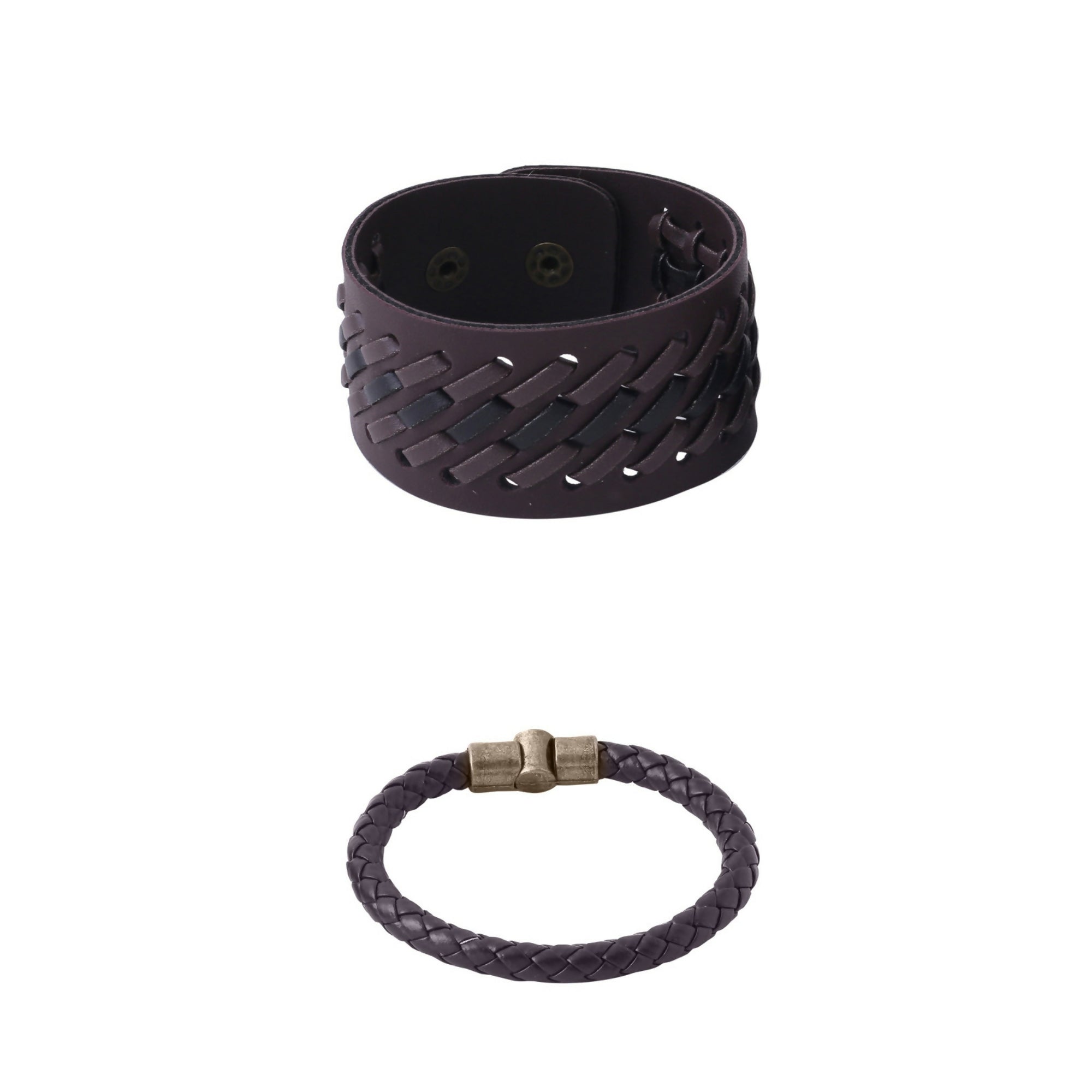 NVR Men's Set of 2 Brown Leather Bracelet