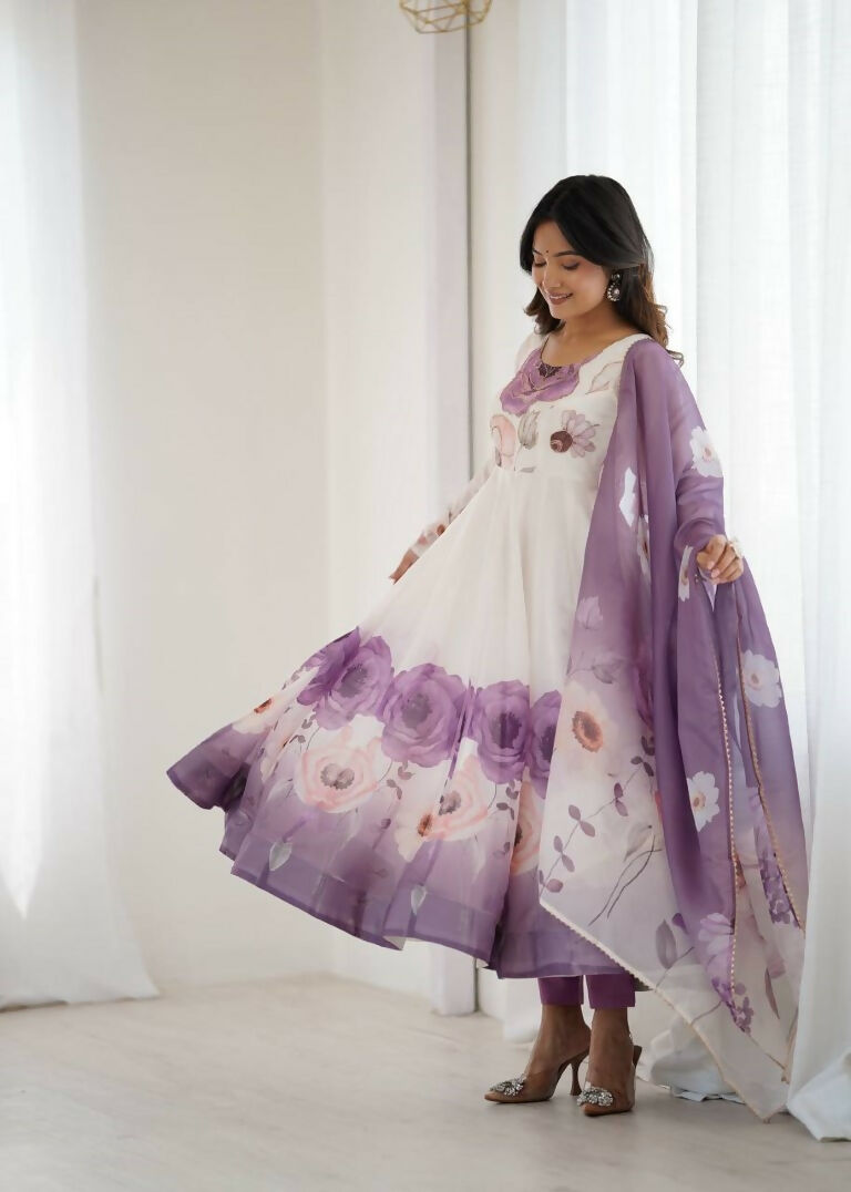 Teeya Creation Violet Color Soft organza Silk Digital Print Party Wear Gown