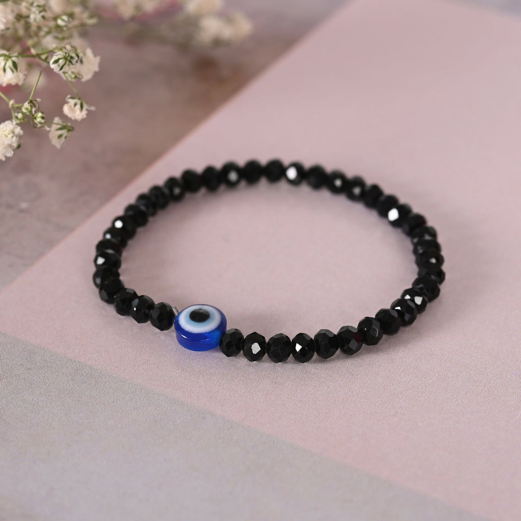 NVR Men & Women Black Evil Eye Crystal Elasticated Bracelet