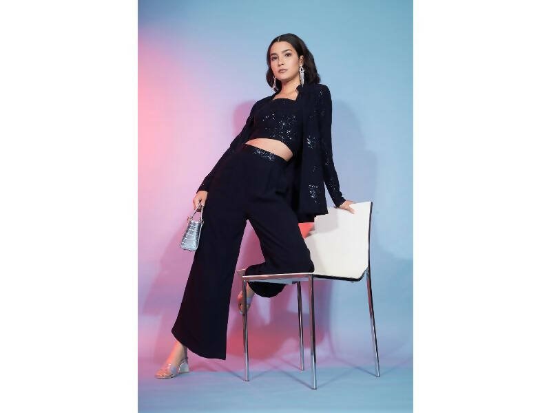 Navy Georgette Sequence With Thread Designer Co-Ord Set - Flory