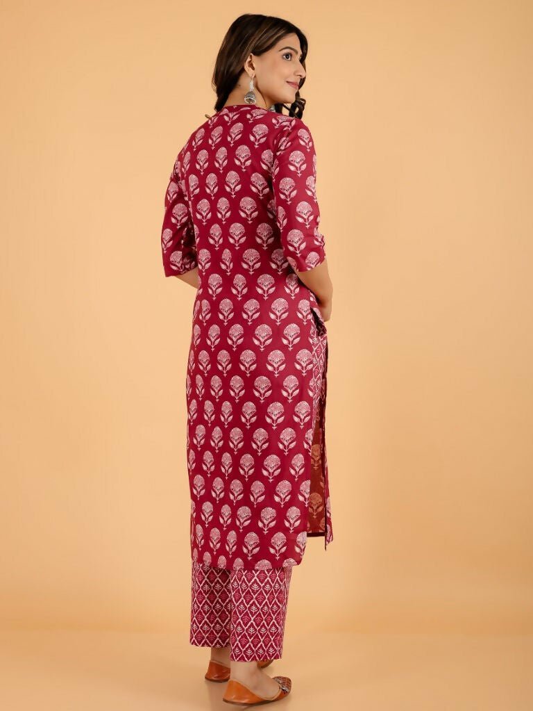 Aramya Pink Soft Cotton Block Print Straight Kurta Set for Women