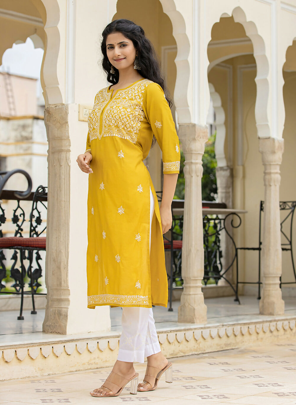 Kaajh Women's Mustard Chikhankari Embroidered Kurta Pant Set