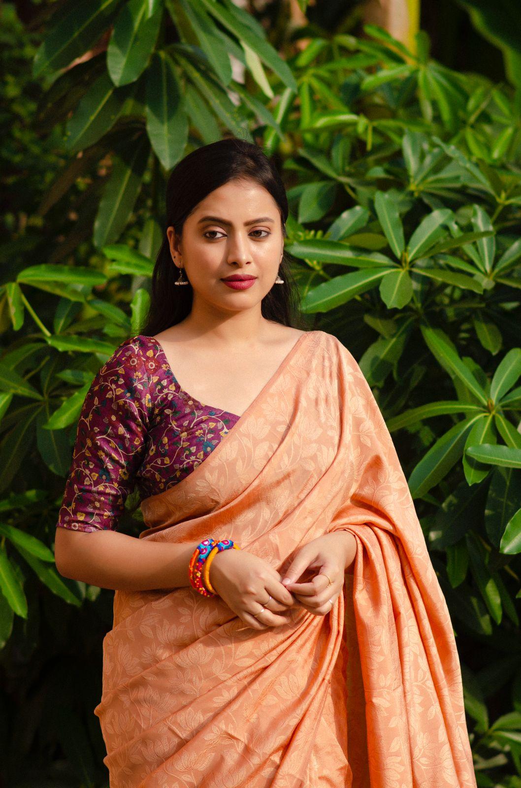 Orange Jute Silk Woven Design Saree with Unstitched Blouse - Hiral Fashion