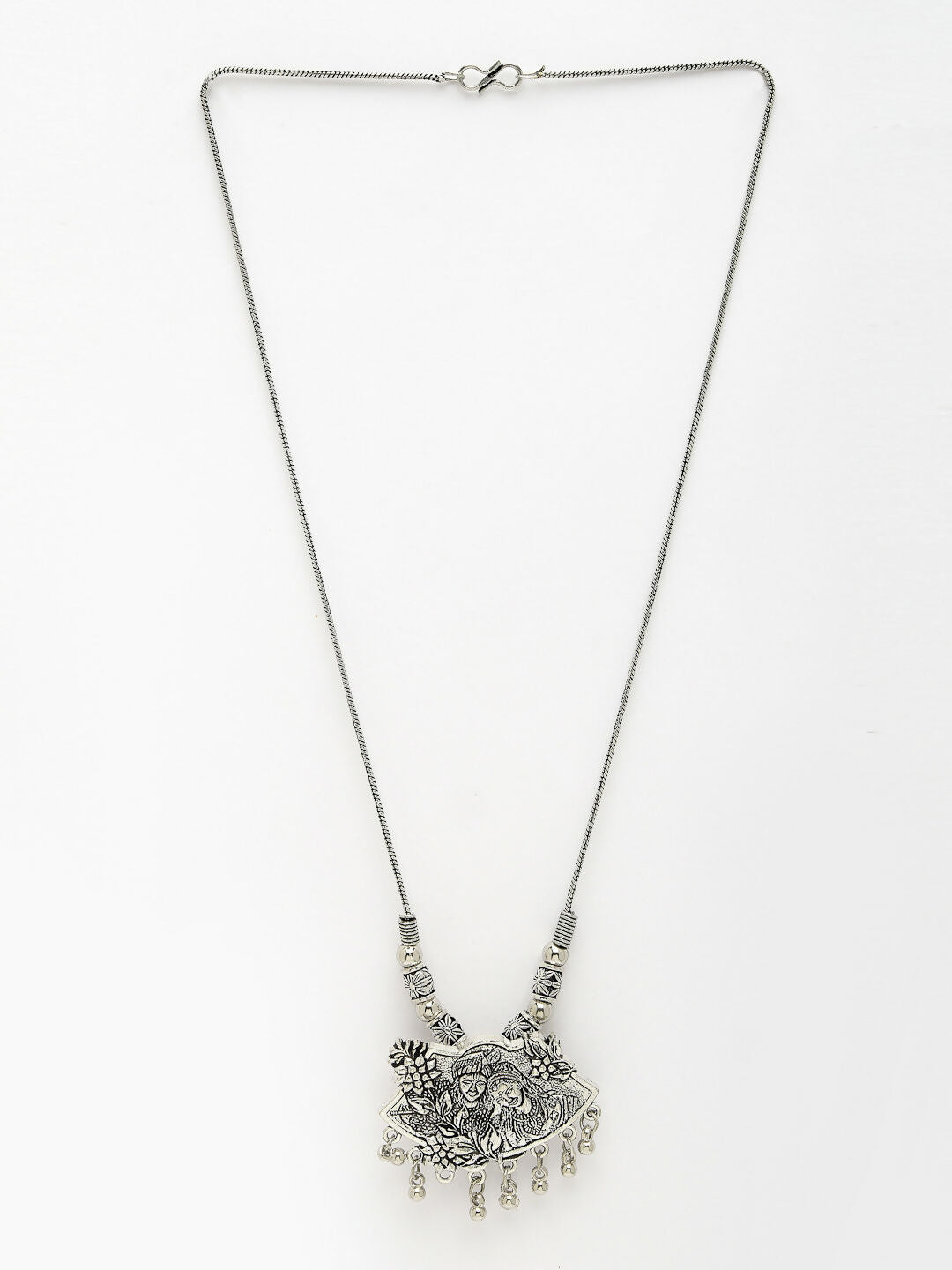 NVR Women's Silver-Toned Radha Krishna Pendant with Chain