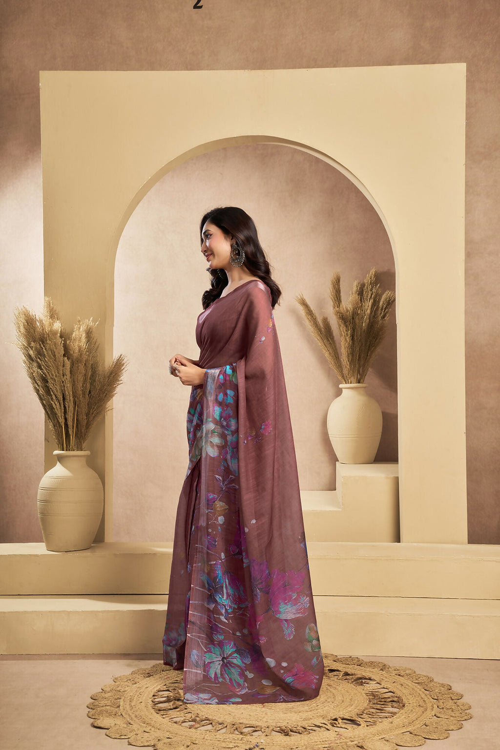 Vastranavya Coffee Digital Printed Linen Ready To Wear Designer Saree with Unstitched Blouse