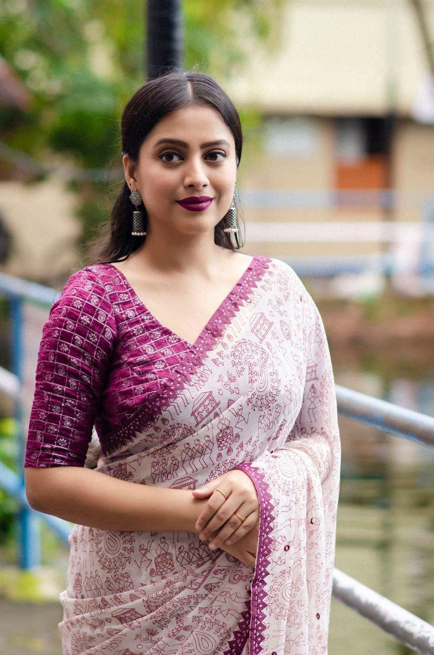 Purple Pure Georgette Warli Saree with Unstitched Blouse - Hiral Fashion