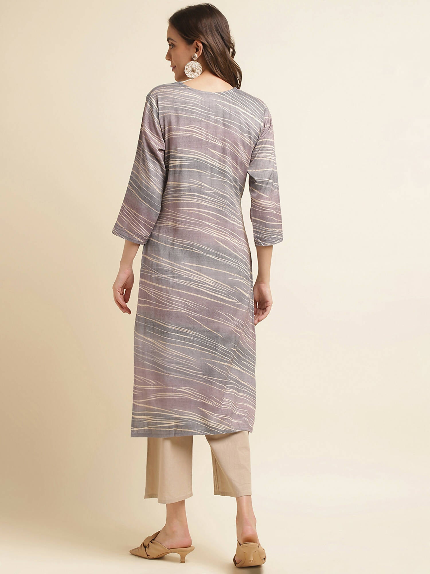 Grey Poly Rayon Stripe Printed Straight Fit Kurta - Prasuti
