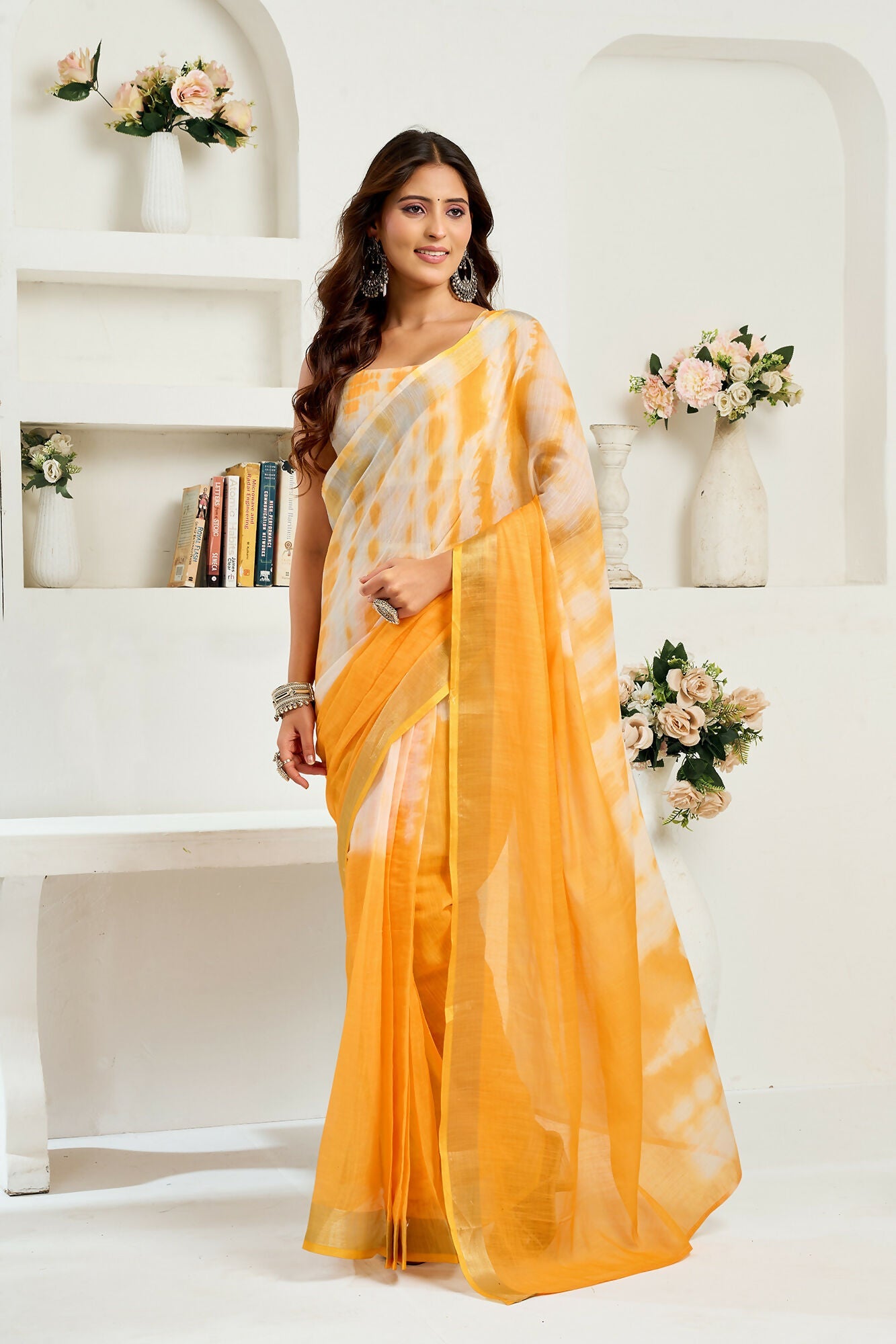Vastranavya Yellow White Digital Printed Linen Ready To Wear Designer Saree with Unstitched Blouse