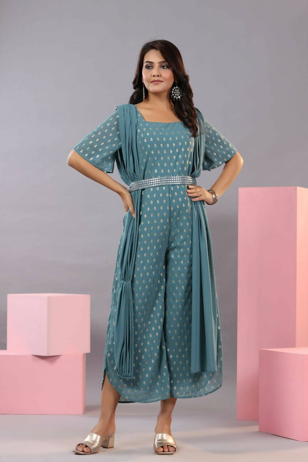 Juniper Women Teal Georgette Foil Printed Draped Jumpsuit