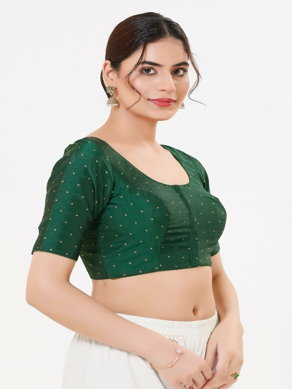 Joban Fashion 2T Bottle-Green Taffeta Silk Elbow Sleeveless Front Open Blouse