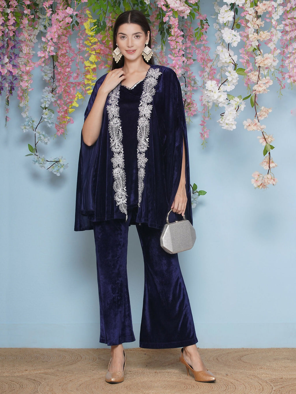 Joban Fashion Navy Blue Velvet Cape Set