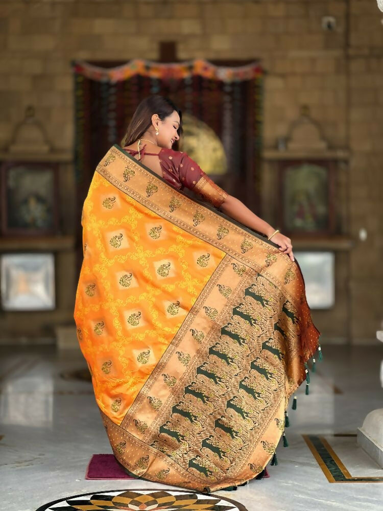 PR Fashion Mustard Orange Soft Banarasi Silk With Zari Weaving Meenakari Design Saree